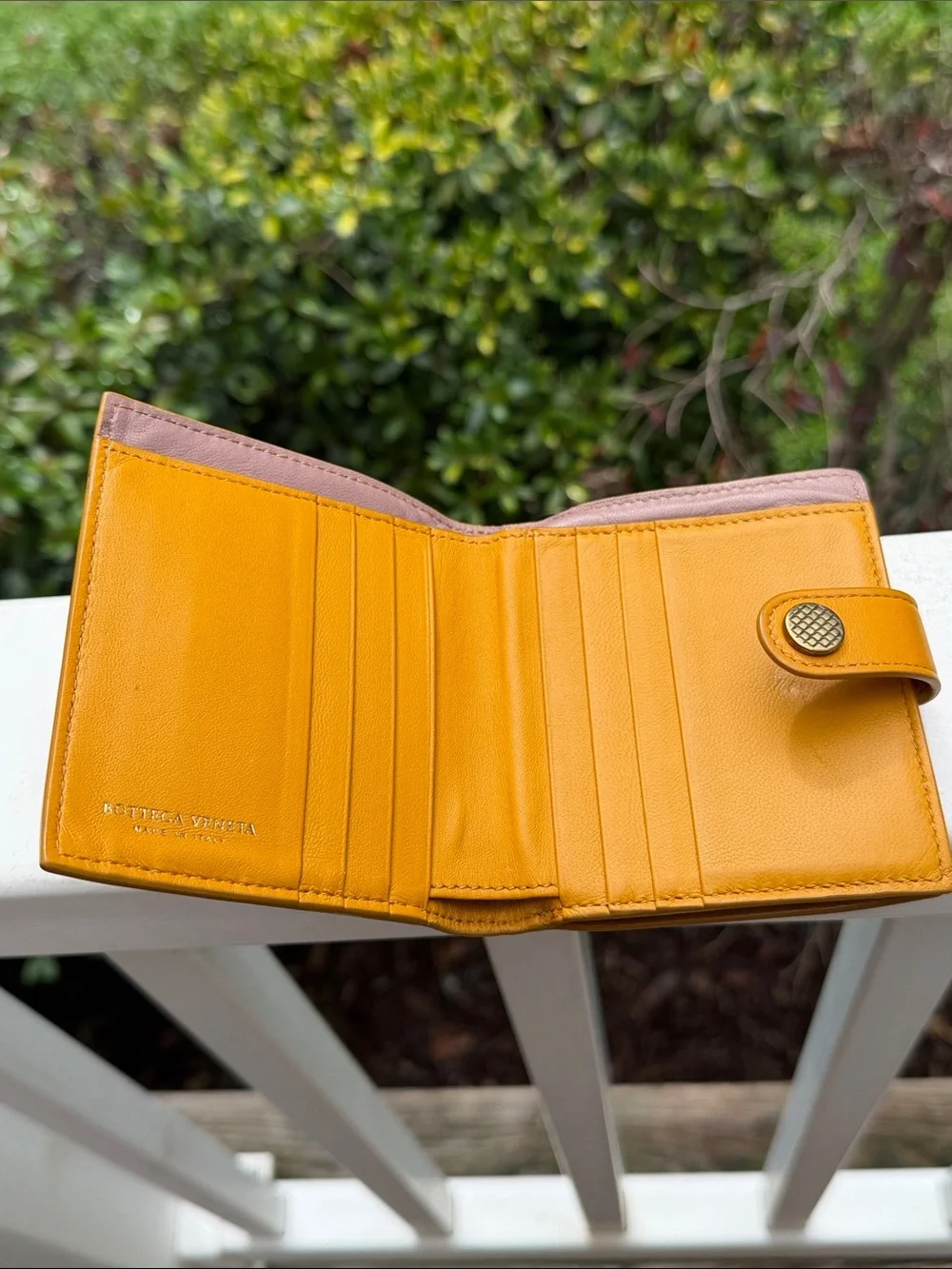 Bottega Veneta Woven Leather Snap Wallet in Mustard GUC